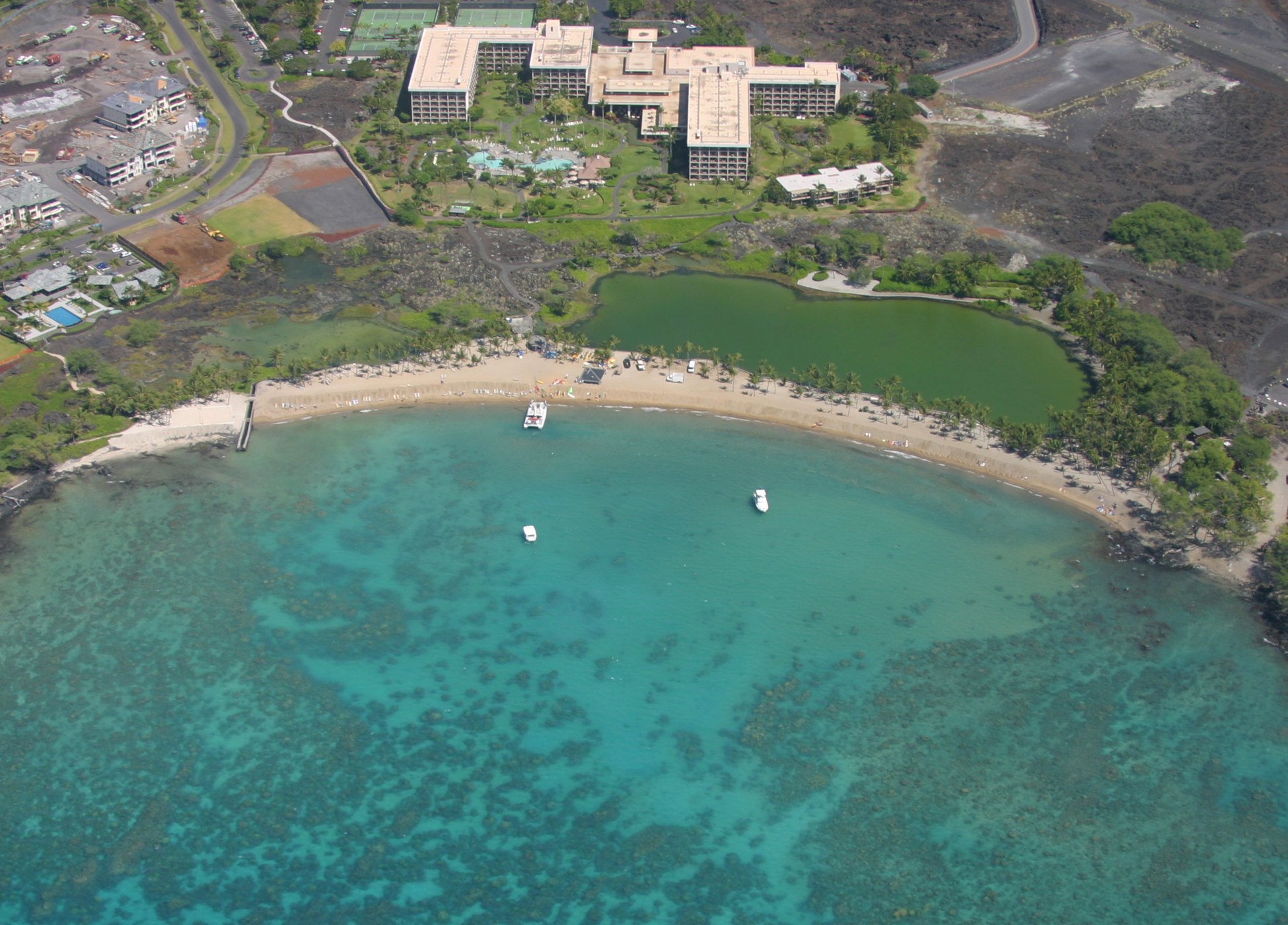 Aerial view of Anaehoʻomalu Bay and its historic fishponds in Waikoloa